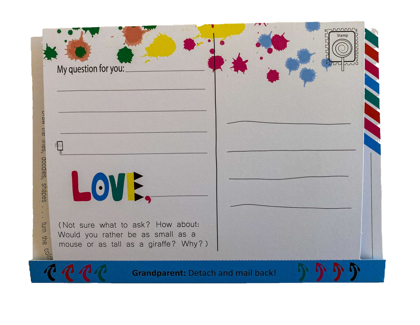 Example of reply postcard for grandparents to mail back to their grandchild. Writing prompts are included.